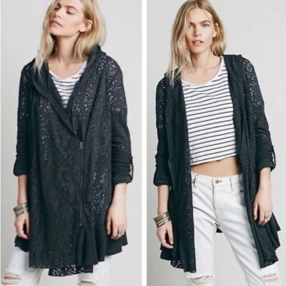 Free People Dark Gray Doiley-Knit Lace Oversized Hood Sweater Jacket Sz Small - Picture 1 of 13
